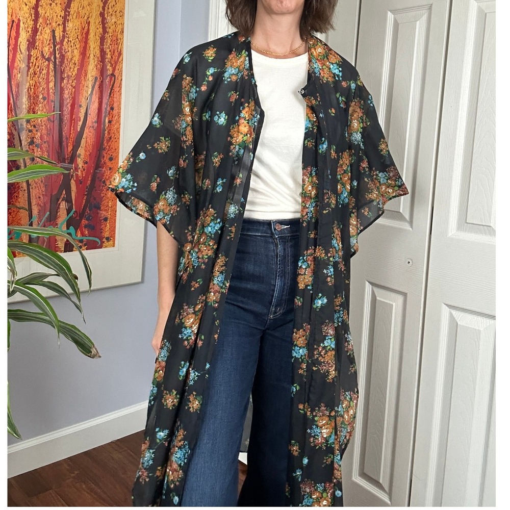 Floral Kimono Duster Sheer Lightweight Cover Up Bohemian Beach Black
